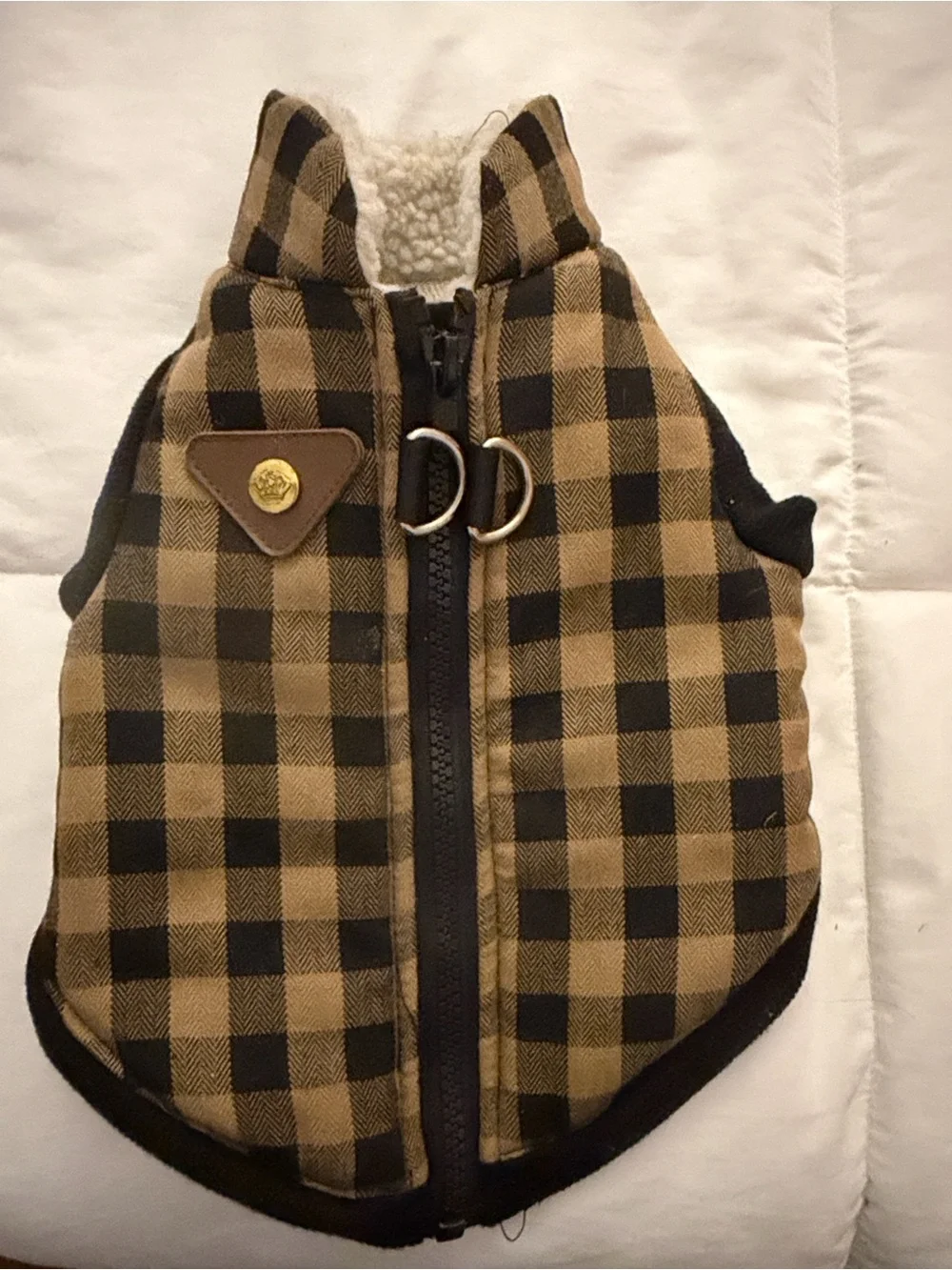 Plaid Sherpa-Lined Dog Vest Harness - Tan & Black